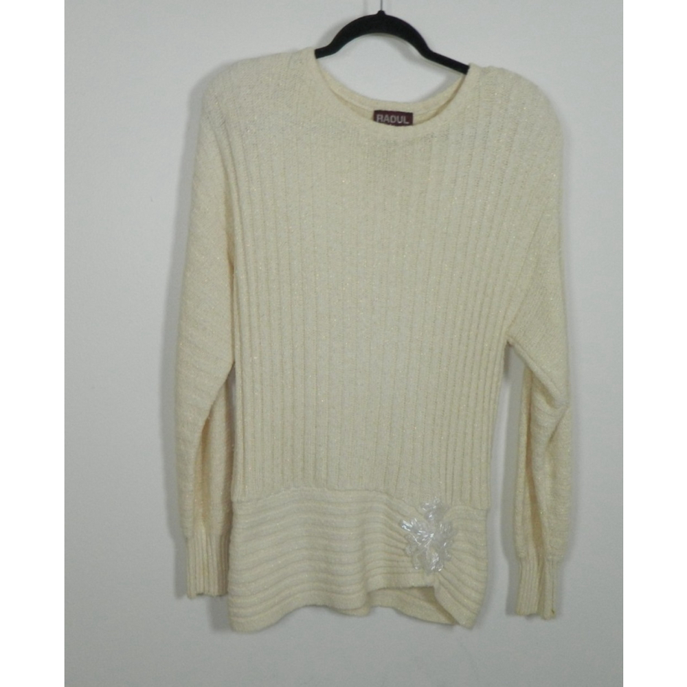 Raoul Sweater Medium Ivory Silk Vintage High Neck Y2K Grandma Sequin Brooch